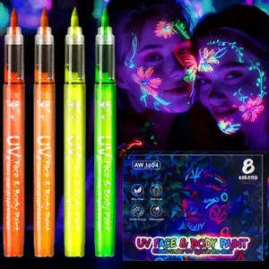 UV Temporary Tattoo Pens,Halloween Makeup Glow in The Dark Face Paint Markers 8 Colors, Neon Body Paint Pen for Skin Glow Under UV Light, Washable UV Temporary Tattoo Pens for Glow Party Supplies