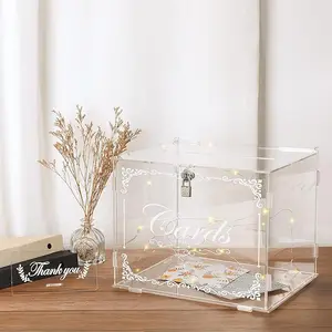 Acrylic Wedding Card Box Money Post Gift Box Holder, Clear Card Box Large Letter Envelope Boxes with Lock and Slot for Reception Anniversary Birthday Party Baby Shower