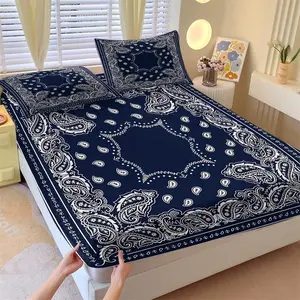 3Pcs Navy Blue Bandana Paisley Print Fitted Sheet Set with 2 Pillowcases, Boho Western Deep Pocket Elastic Mattress Cover, Soft Breathable Microfiber Bedding, Non-slip Wrinkle Resistant Bedspread for Twin/Queen/King Bedroom & Dorm Decor