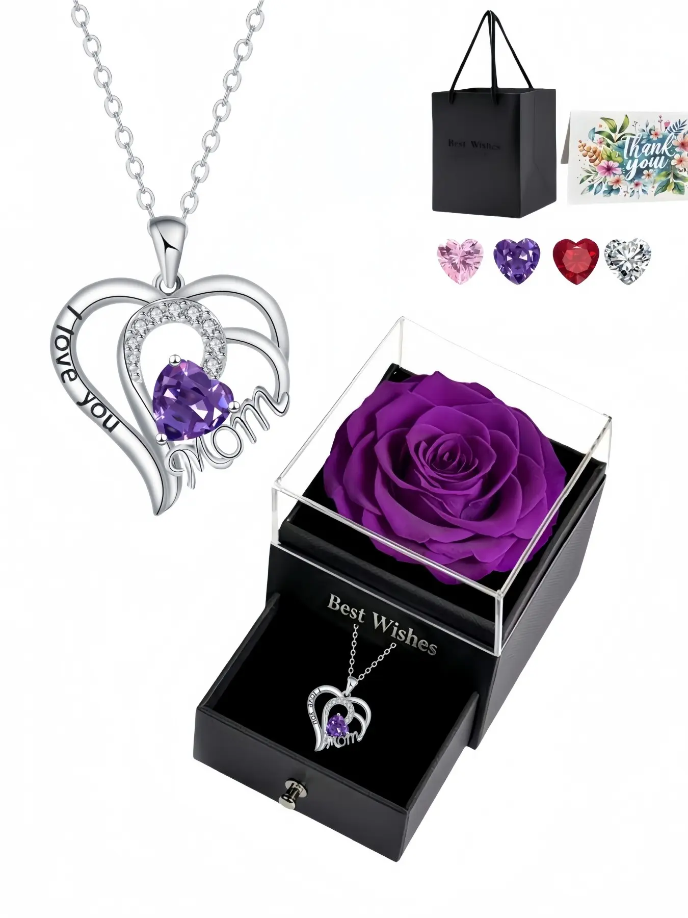 Blazing Heart Mother’s Grace · Dual Soft Vows Premium MOM heart-shaped gem necklace.Paired with a purple preserved rose gift box.Ideal gift for birthdays, Mother’s Day and Valentine’s Day. Zircon Necklace