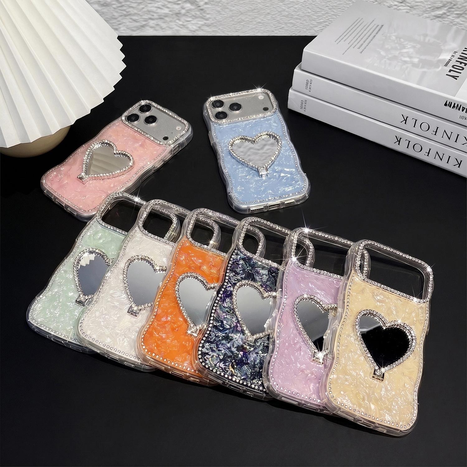 Glitter Mirror Case for iPhone 17/16 15 14 13 Pro Max,Cute Luxury Shiny Diamond Heart Makeup Mirror Bling Sparkly Rhinestones Thin Soft Case for Women Girls
