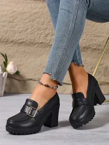 Matte Square Buckle Metal Loop Chunky Heel Thick Sole Oxford Shoes, British Academy Style, Waterproof Platform Heightening Work Shoes