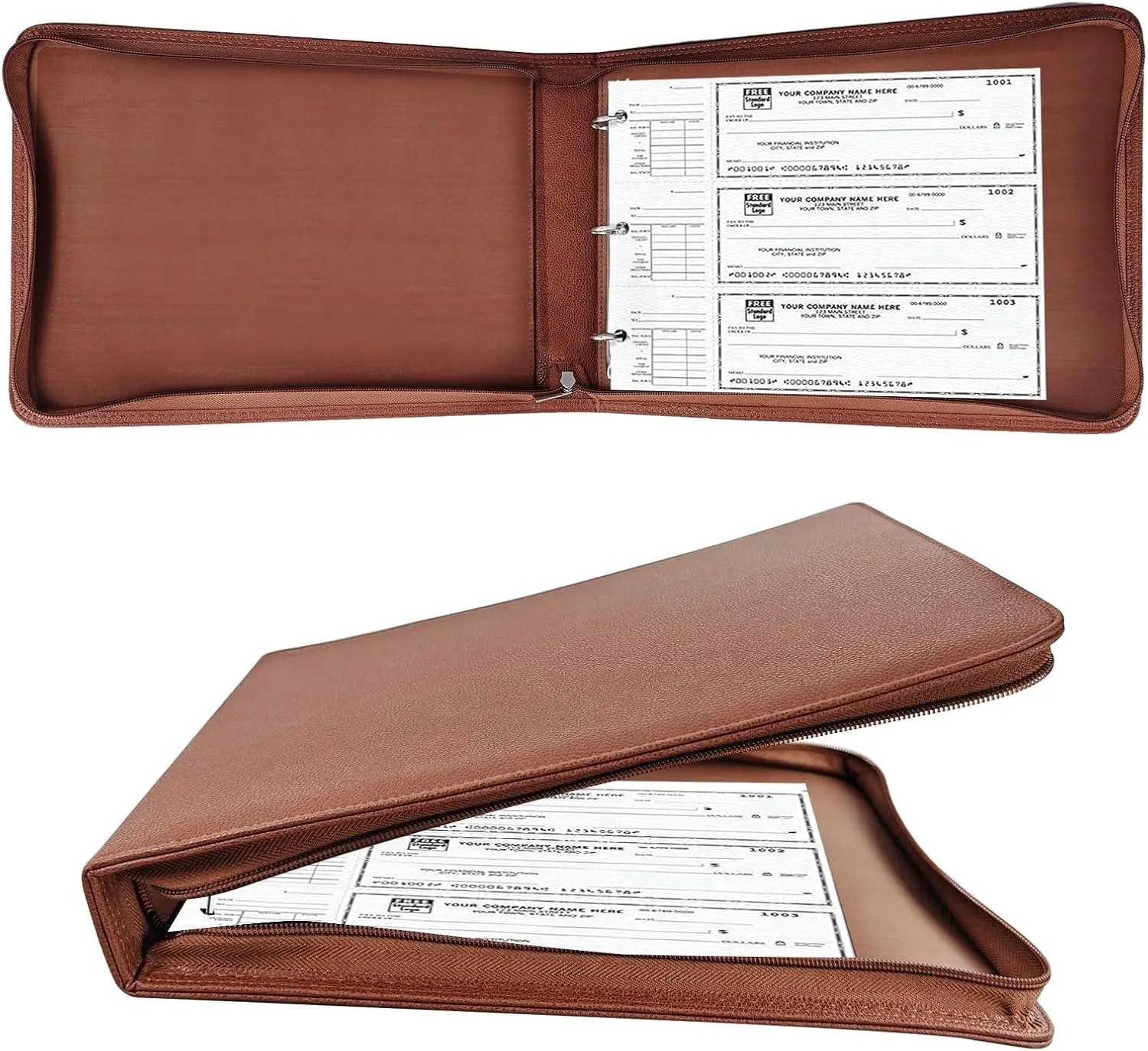 3 Rings Check Binder for End-Stub Deskbook Checks, Zipper Business Check Binder, 3 on a Page, Fit 3 & 9 Holes Check Faux Leather (Brown), Faux Leather Cover