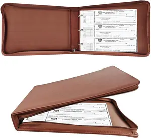 3 Rings Check Binder for End-Stub Deskbook Checks, Zipper Business Check Binder, 3 on a Page, Fit 3 & 9 Holes Check Faux Leather (Brown)