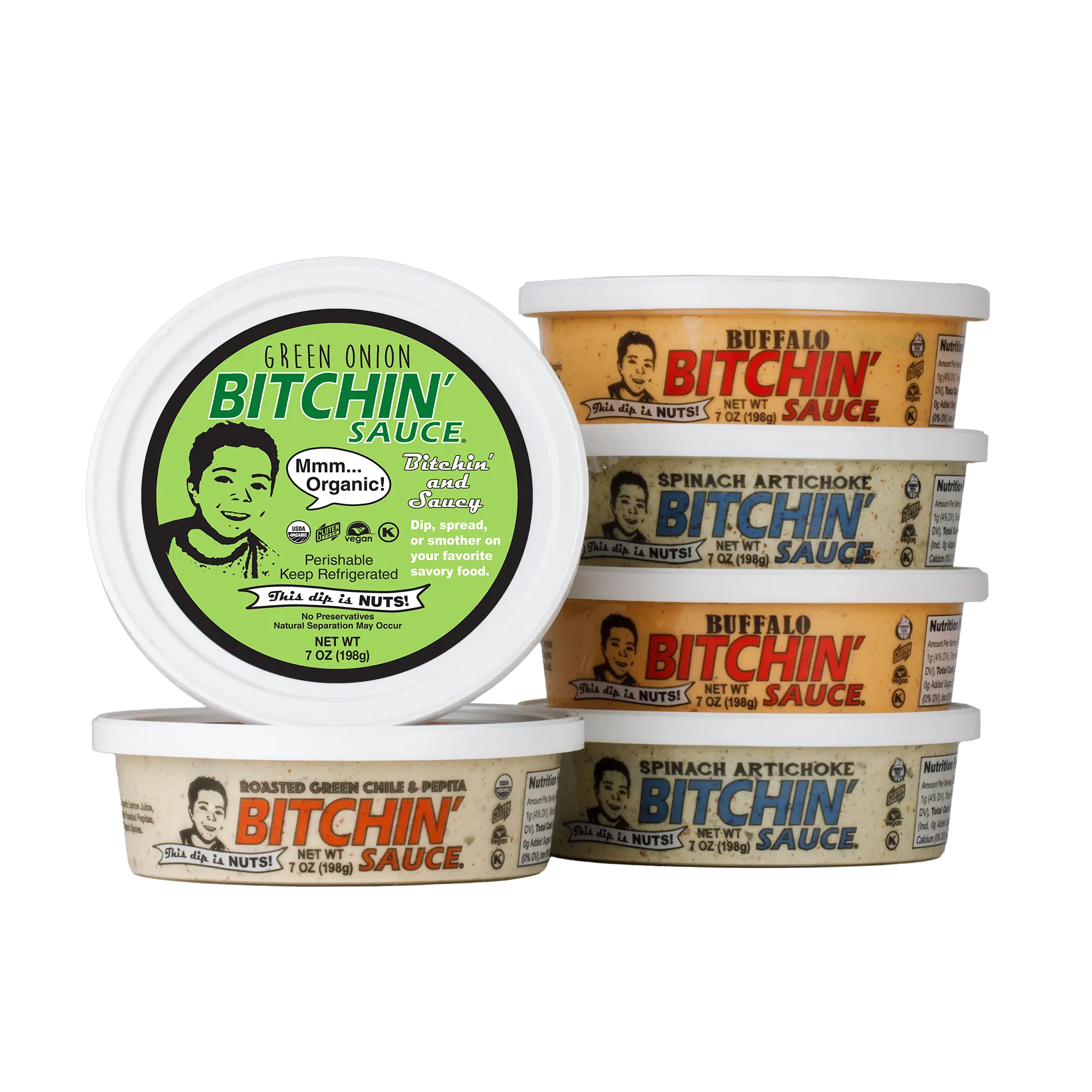 Organic Bitchin' Sauce Sample Pack – Spinach Artichoke, Buffalo, Green Onion, and Roasted Green Chili & Pepita Almond Based Dip and Spread!