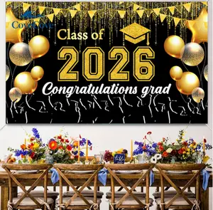 2026 Graduation Backdrop Banner, Congrats Grad Party Photo Booth Background, Black Gold Class of 2026 Graduation Decorations for High School College Grad Party Supplies