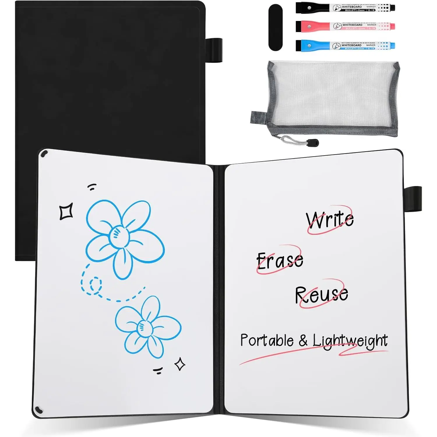 Portable White Board Dry Erase Notebook, 8.4" x 6" Double Sided Folding Whiteboards with 3 Pens, Small Travel Dry Erase Board -Friendly Material for Study, Meeting, Planning, Dark