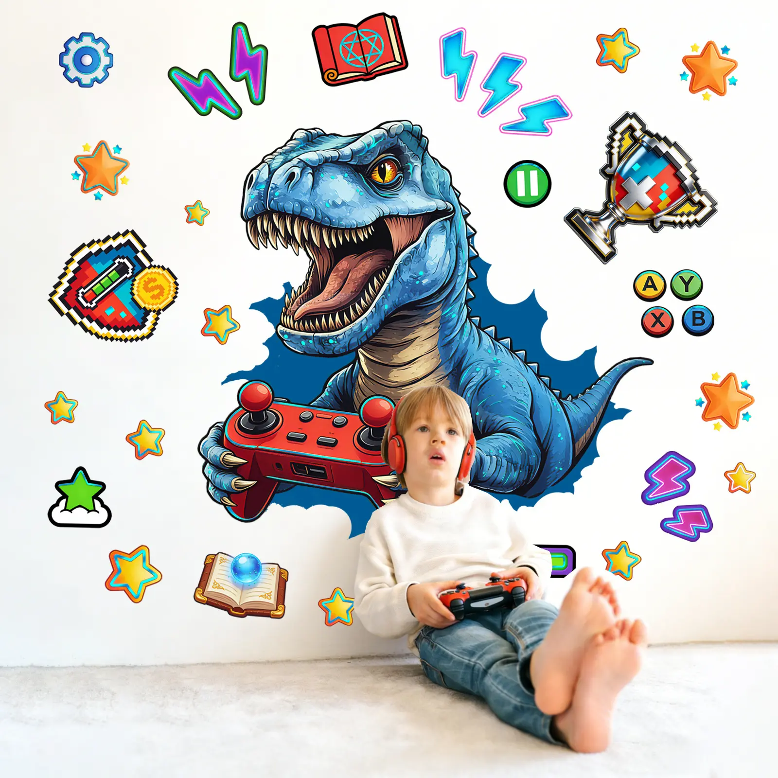 2Pcs/Set (3090cm2pcs) Self-Adhesive Blue Bronzing Game Dinosaur Wall Sticker Pixel Elements Stars Decor Cool Sticker for Kids Boys Room Dinosaur Wall Decals Decorative Sticker