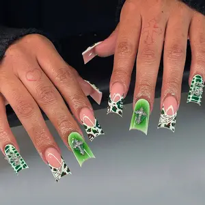 24 pieces of long press on nails square for summer green cool stars inlaid with diamonds star pattern rhinestones crocodile pattern irregular camouflage French green nails ins style girl gifts, Fashion rhinestone decorated, party fake nails
