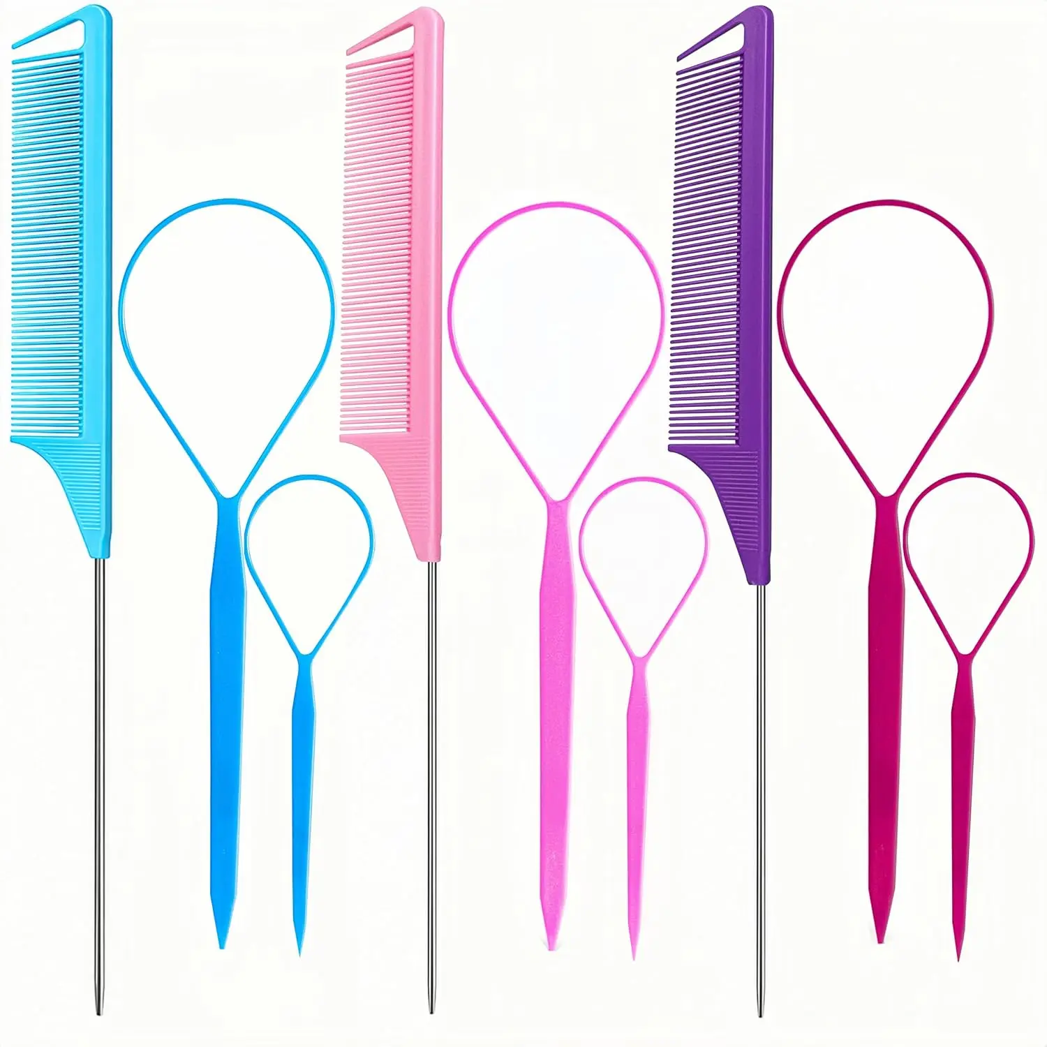 9pcs Topsy Hair Tail Tool & rat tail comb set for Woman Girl Hair Styling | Schembo 6pcs Ponytail Pull Through Tool & 3pcs Long Steel Pin Comb, Hair Accessories Turvy Loop Styling Tool,Pink/Purple/Blue