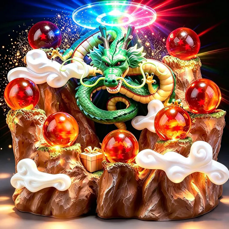 Myth-Inspired Dragon Z Mystic Divine Dragon Summoning Mountain Frame PVC Figurine, 17.5cm Bedroom Color Changing Ornament with LED Light Base, 3.6cm Crystal Star Ball, Gift Box, All Seasons Halloween Collectible Statue Gift