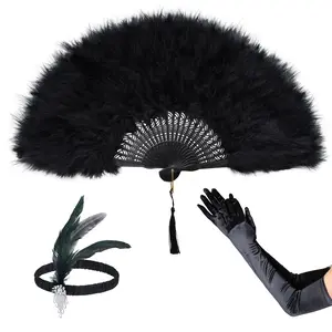 3 Packs Handheld Feather Holding Fan with Gloves and Headband,1920s Vintage Style Hand Fan For Gatsby Party,Costume Dancing Party,Brazilian Carnival Masks Set