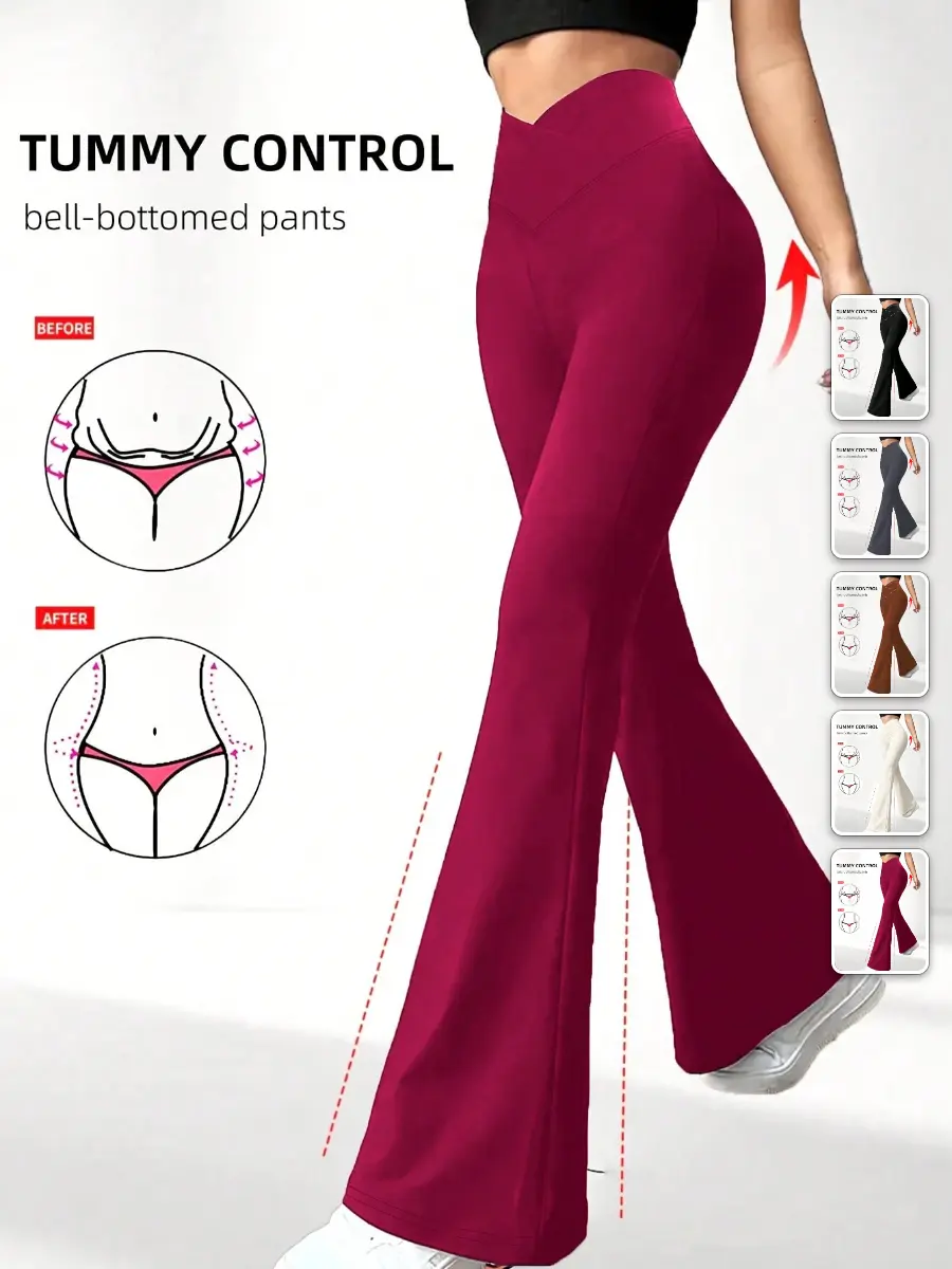RUTMAN Crossover Waist Flare Pants Stretchy Yoga Workout Lounge Streetwear Back to School