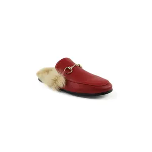 Slip On Mens Red Leather Backless Shoes With Fur Loafers Mule With Gold Buckle By AZARMAN
