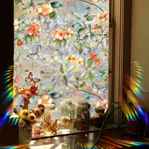 A 2D flat Decorative window sticker with tree branches, flowers, butterflies and colorful patterns, size 45*100cm, for window decoration, electrostatic glass sticker, (XC3045-YL), Floral Pattern Sticker, Decoration Items