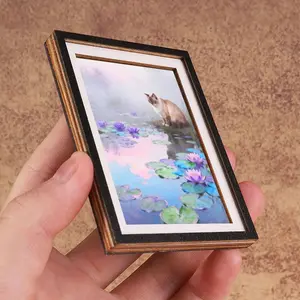 Miniature Lotus Cat Photo Frame Refrigerator Decorating Magnet, Monet Oil Painting Style, Lily Pond, Suitable for Kitchen Desk Decor