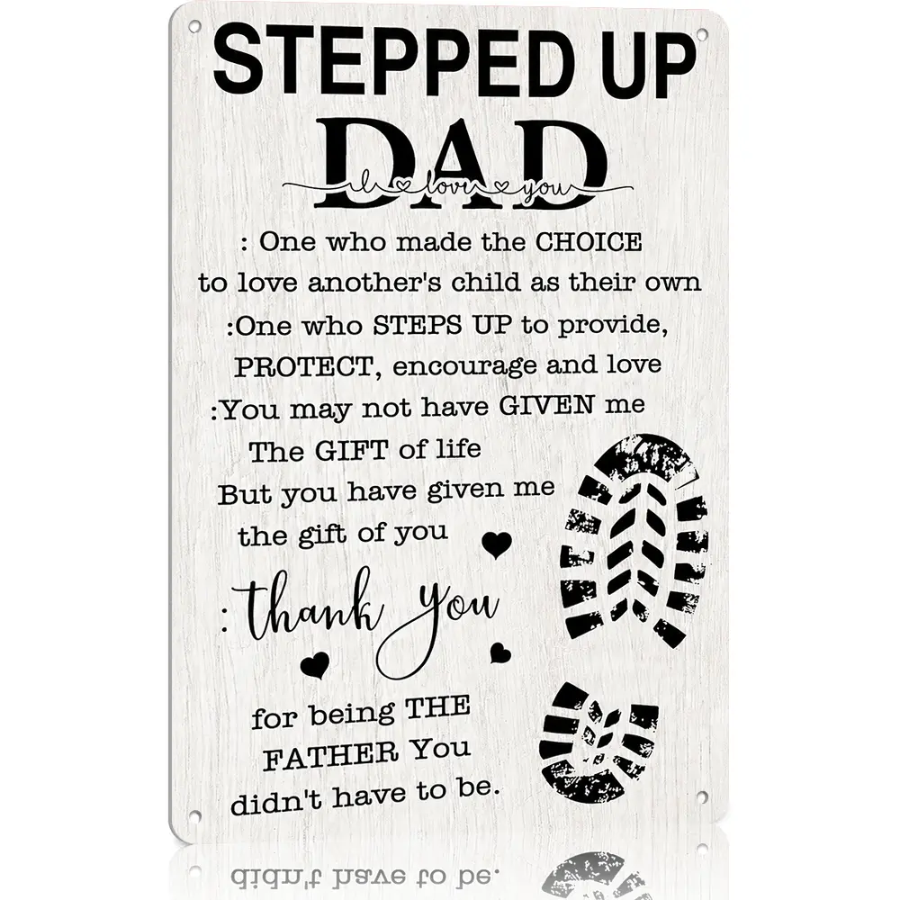 8x12 in Aluminium Vintage Decorative Wall Sign - Stepped Up Dad Home Decor Plaque, Father's Day & Birthday Gift for Stepfathers