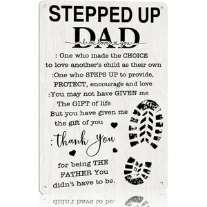 Stepped Up Dad Aluminium Metal Sign - Retro Home Decor Wall Art Plaque, Thank You Gift for Stepfathers for Father's Day or Birthday, 8x12 in