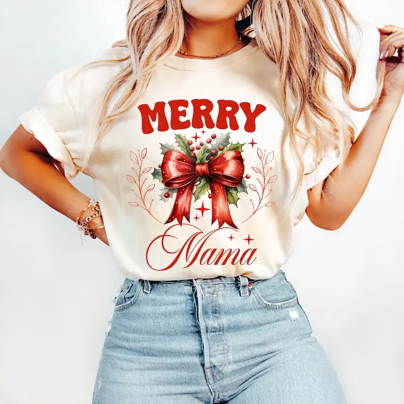 Coquette Merry Mama Shirt, Mama Christmas Sweatshirt, Merry Mama Shirt, Mom Christmas Tee, Matching Family Xmas Shirt, Gift For Mom