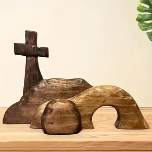 1 set Wooden Cross Empty Tomb Statue, Cross Easter Decorations, Home Figurine Ornament Jesus Tomb Easter For Holiday Table Decor Religious Room