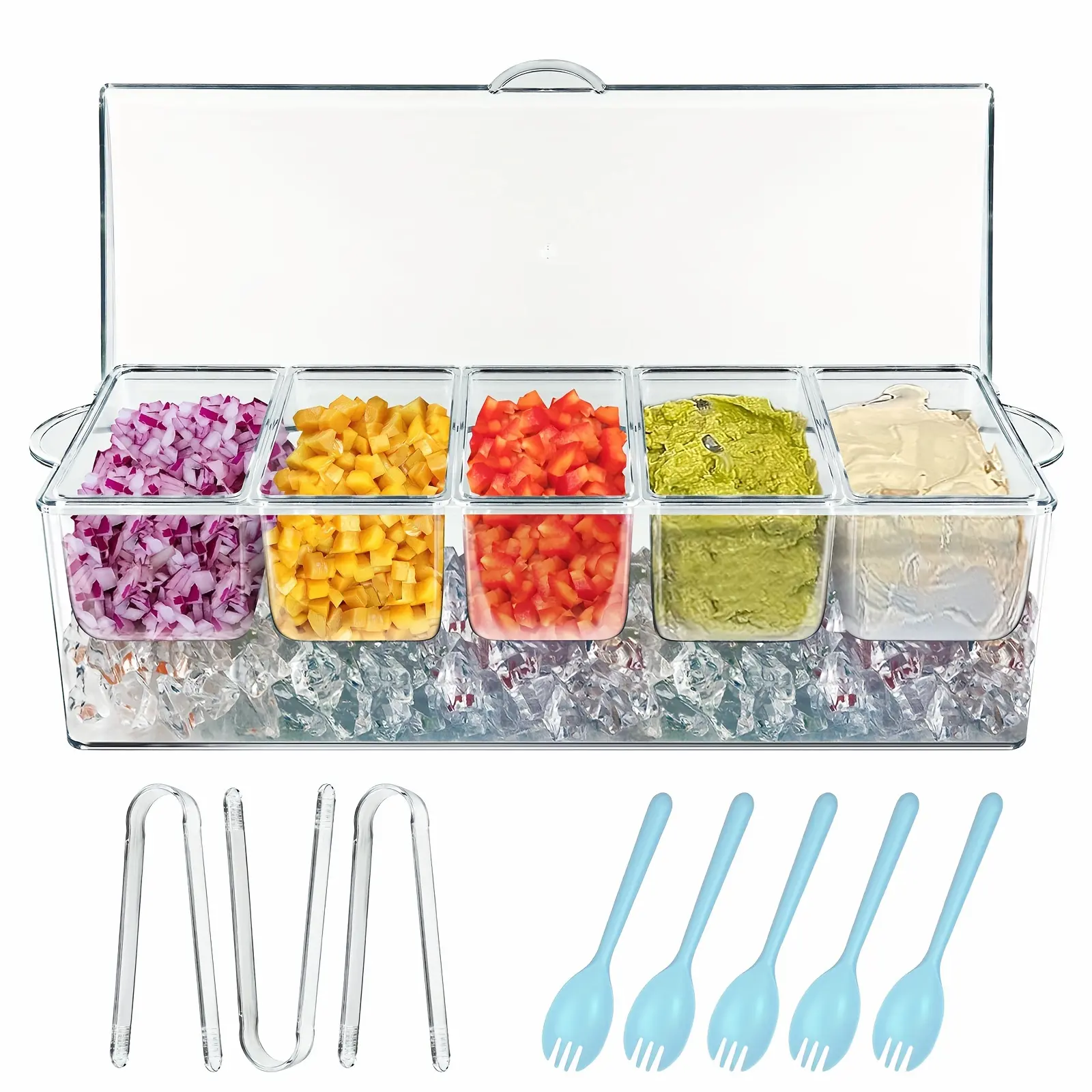 For Bar Serving Tray on Ice with 5 Compartments Container, 5 Forks And 3 Pliers, Fruit Trays for Serving, Garnish Platters with Lid, Cold Seasoning Storage Box for Bar for Parties, Clear