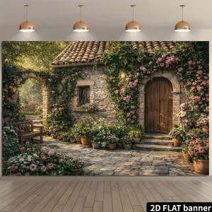 2D Flat Banner, 1pc Pastoral Stone House Backdrop, Climbing Vines And Flowers Surround Wooden Doors And Windows, Creating a Romantic Vintage Atmosphere, Durable Material, Suitable for Indoor And Outdoor Wall Decorat