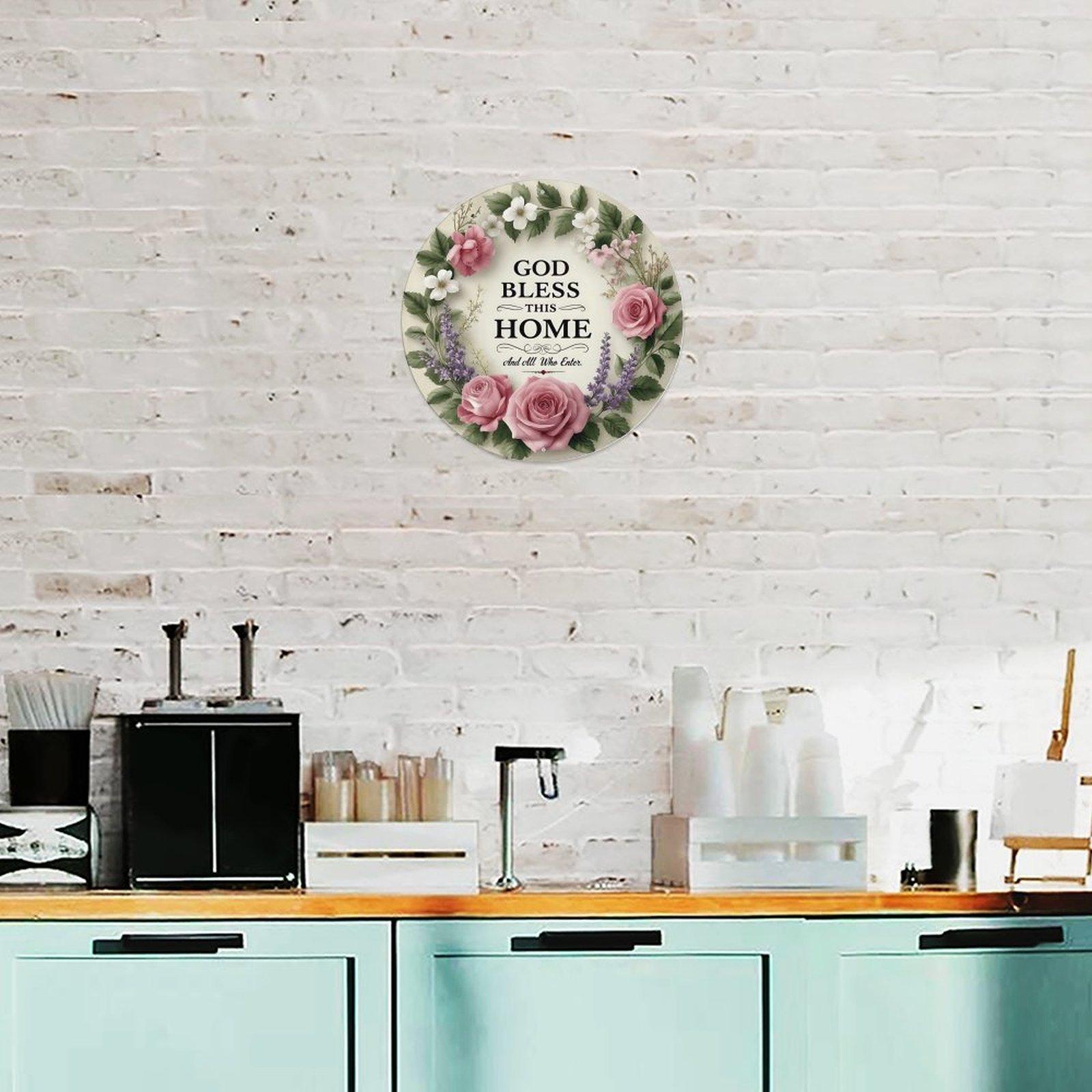 8in Round Shape Waterproof Metal Sign - Christian Homes Wall/Entryway Decor, Vintage Distressed Aluminum Plaque with Pink Rose, Lavender, White Blossom Flowers, Farmhouse Front Door Gift