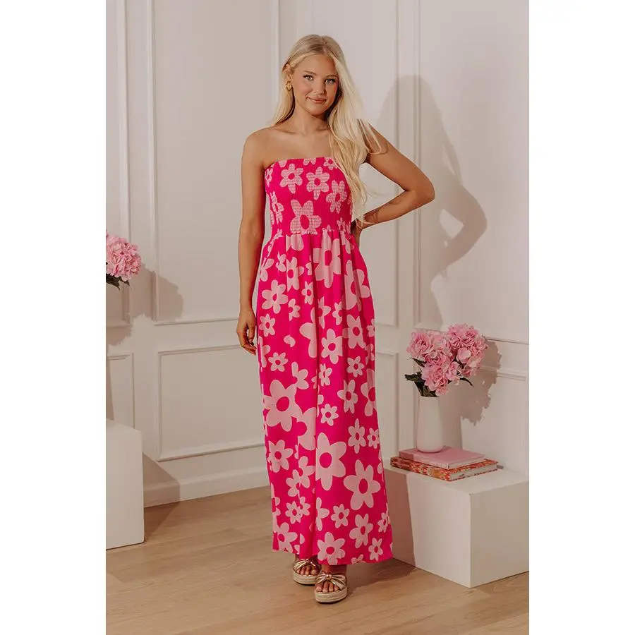 Loft Party Smocked Floral Jumpsuit in Hot Pink
