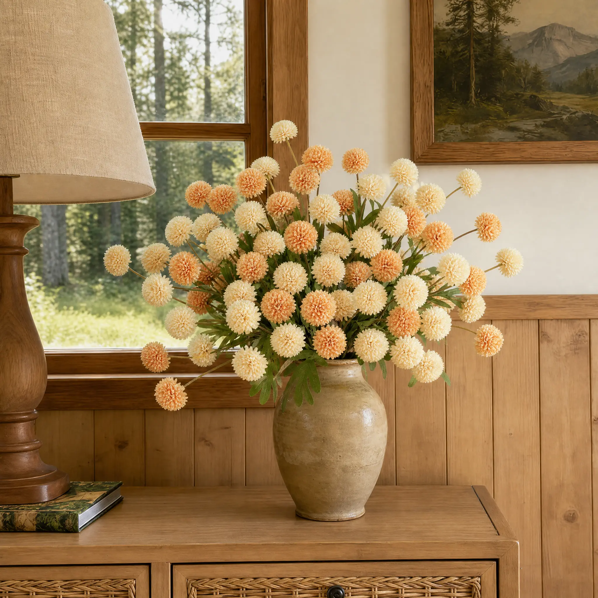 12 Pcs Plastic Ceramic Decorative Artificial Snowball-Pompon Bouquet with Eucalyptus, Faux Dandelion, Chrysanthemum, Farmhouse Vintage Home Decor for Vase, Living Room Table Centerpiece (No Vase/Jar Included)