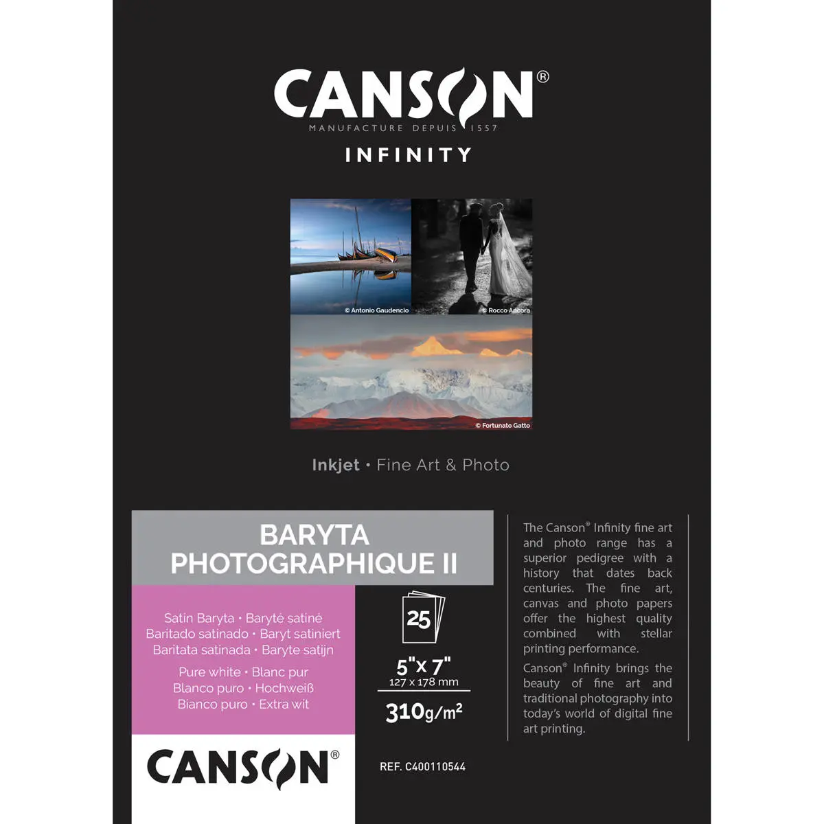 Canson Infinity Baryta Photographique II Inkjet Photo Printing Paper - 310gsm weight, 5x7in, 25 sheets, barium coating, high contrast, deep blacks, fine satin finish, compatible with inkjet printers
