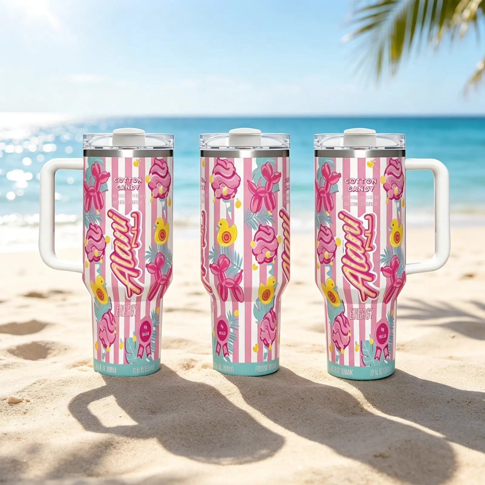 Cotton Candy Energy Drink Inspired Tumbler 40oz with Handle and Straw, Pastel Pink Blue Stainless Steel Travel Mug, Car Cup Holder Gym Water Cup