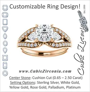 Cubic Zirconia Engagement Ring- The Karen (Customizable Enhanced 3-stone Design with Cushion Cut Center, Dual Trillion Accents and Wide Pavé-Split Band)