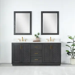 Altair Design Gazsi 72" Double Bathroom Vanity Set in Brown Oak with Grain White Composite Stone Countertop