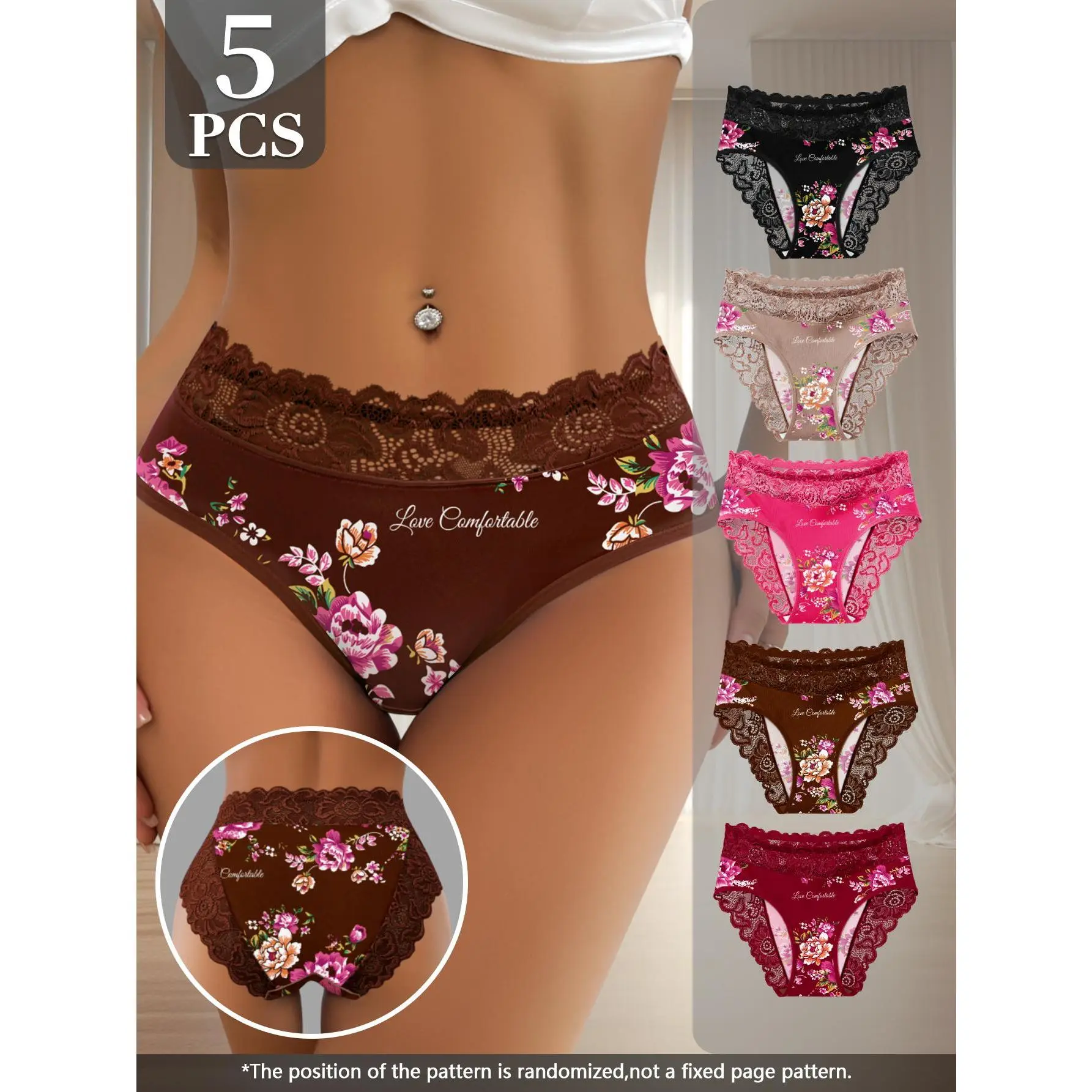 QUASTI Women's 5-Pack Mid-Waisted Lace Trim Soft Stylish Briefs, Skin-Friendly Soft Fabric, Breathable Lingerie, Comfortable Fit Flower-Printed Basic Dailywear Panties for Ladies, S-XXL