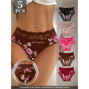 QUASTI Women's 5-Pack Mid-Waisted Lace Trim Soft Stylish Briefs - 5 Mix Colors, Skin-Friendly Soft Fabric, Breathable Lingerie, Comfortable Fit, Flower-Printed Basic Dailywear Panties for Ladies, S-XXL