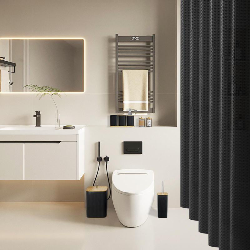 Black Bathroom Set with Shower Curtain, Trash Can, Toilet Brush Holder, Soap Dispenser, and More, Modern Bathroom Accessories