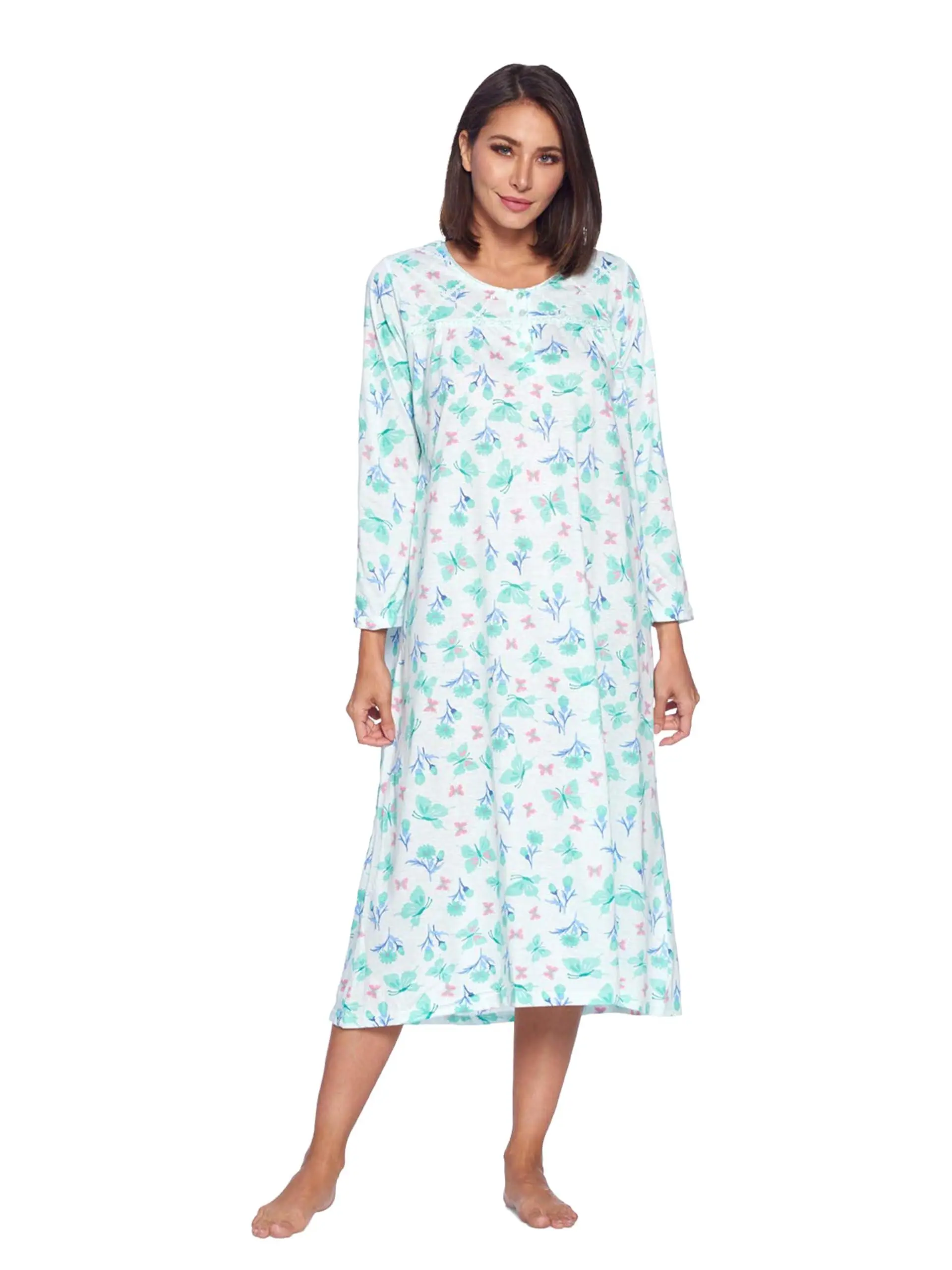 Casual Nights Women's Floral Henley Nightgown, Lightweight Cotton Blend Pullover Sleep Dress with Long Sleeves and Lace Detail for Maternity, Nightie, Polyester, Bow, Long-Sleeve Breathable Nightdresses, Hospital, Everyday, Ribbon, Satin, Feminine, Nightw