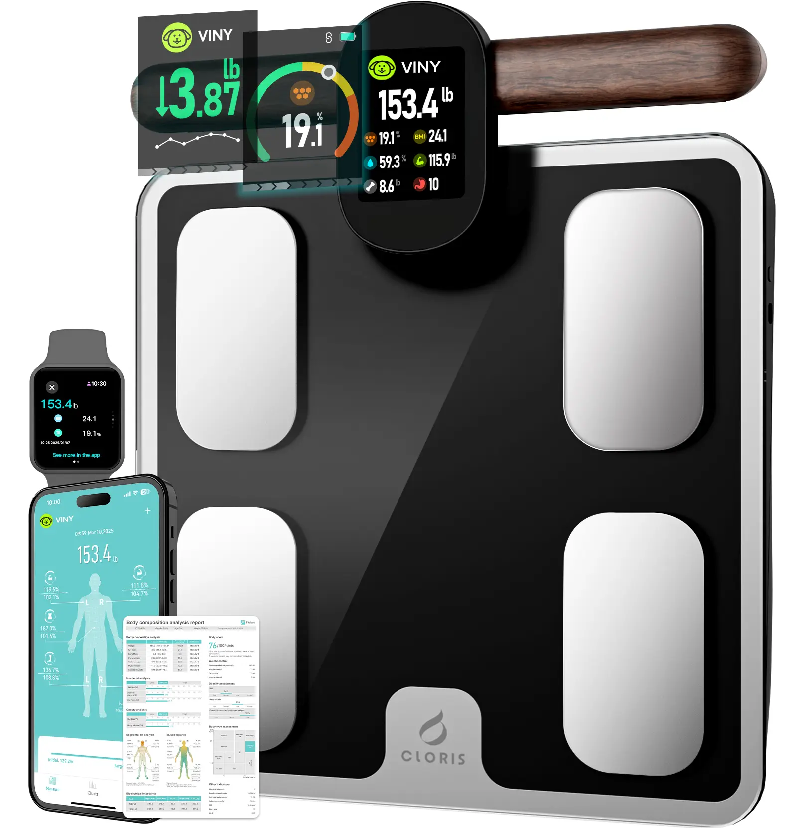 CLORIS Digital Smart Bathroom Scale - 8 Electrodes, Bluetooth App Connectivity, Full-Color TFT LCD, Dual-Frequency Currents, 28 Body Composition Measurements (Weight, Fat, BMI, Muscle Mass) Health Analyzer for Families & Groups