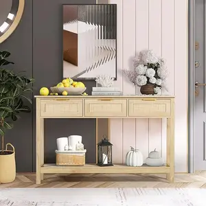 Rattan Console Table,Boho Entryway Table,Narrow Long Sofa Table,Hallway Foyer Table Behind Couch Table with 3 Drawers, and Open Storage Shelf for Living Room and Corridor, Furniture Home