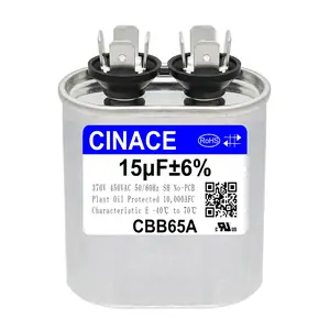 CINACE 15uF±6% 15MFD 370V/450V CBB65 Oval Running Capacitor for AC Motor Run , Fan Start and Cool,  Heat Pump Air Conditioner, Condenser Unit, HVAC, Ice Maker
