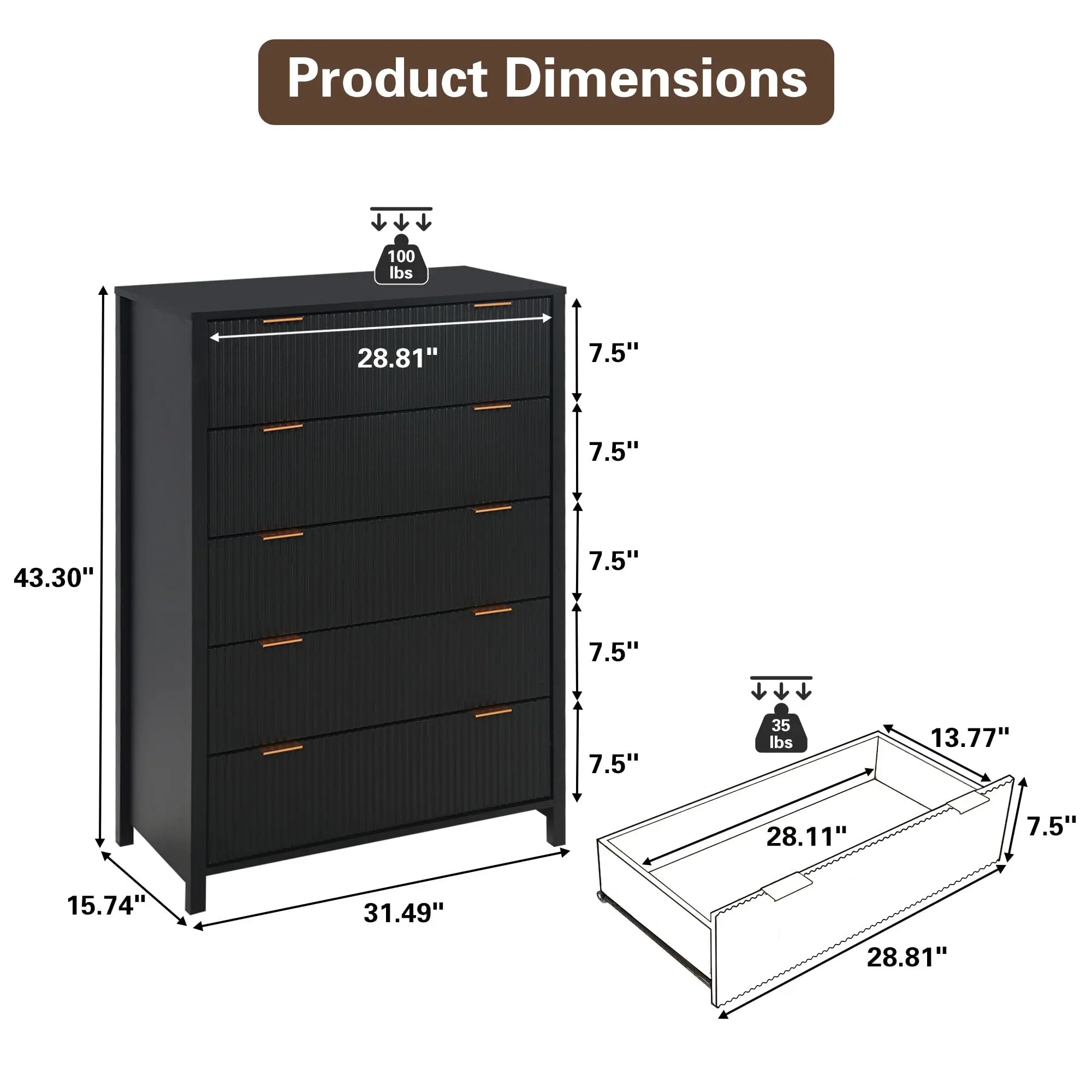 Black 5 Drawer