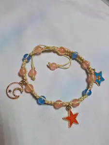 Handmade Macrame Bracelet - Celestial Peach & Blue with Moon & Star Charms