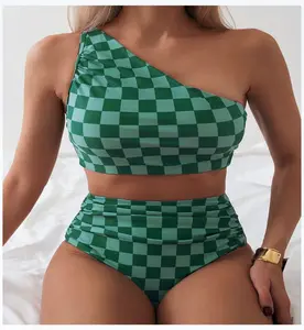 WF-2025Hot Selling Women's Plaid Bathing Suit Checkered Print One Shoulder Ruched High Waisted Bikini Set Two Piece Swimsuit