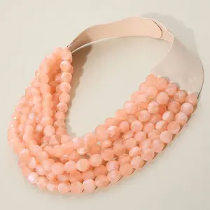 Marbled Faceted Ball Beaded Multi Layered Faux Leather Magnetic Necklace