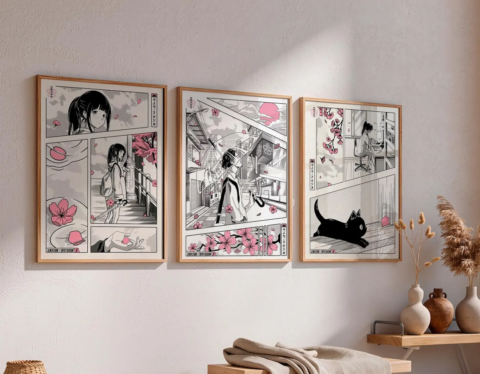 Set of 3 Anime Manga Panels Art Print | Retro Japan Cherry Blossom Wall Decor Gallery Set | Cozy Aesthetic Comic Artwork | Unframed