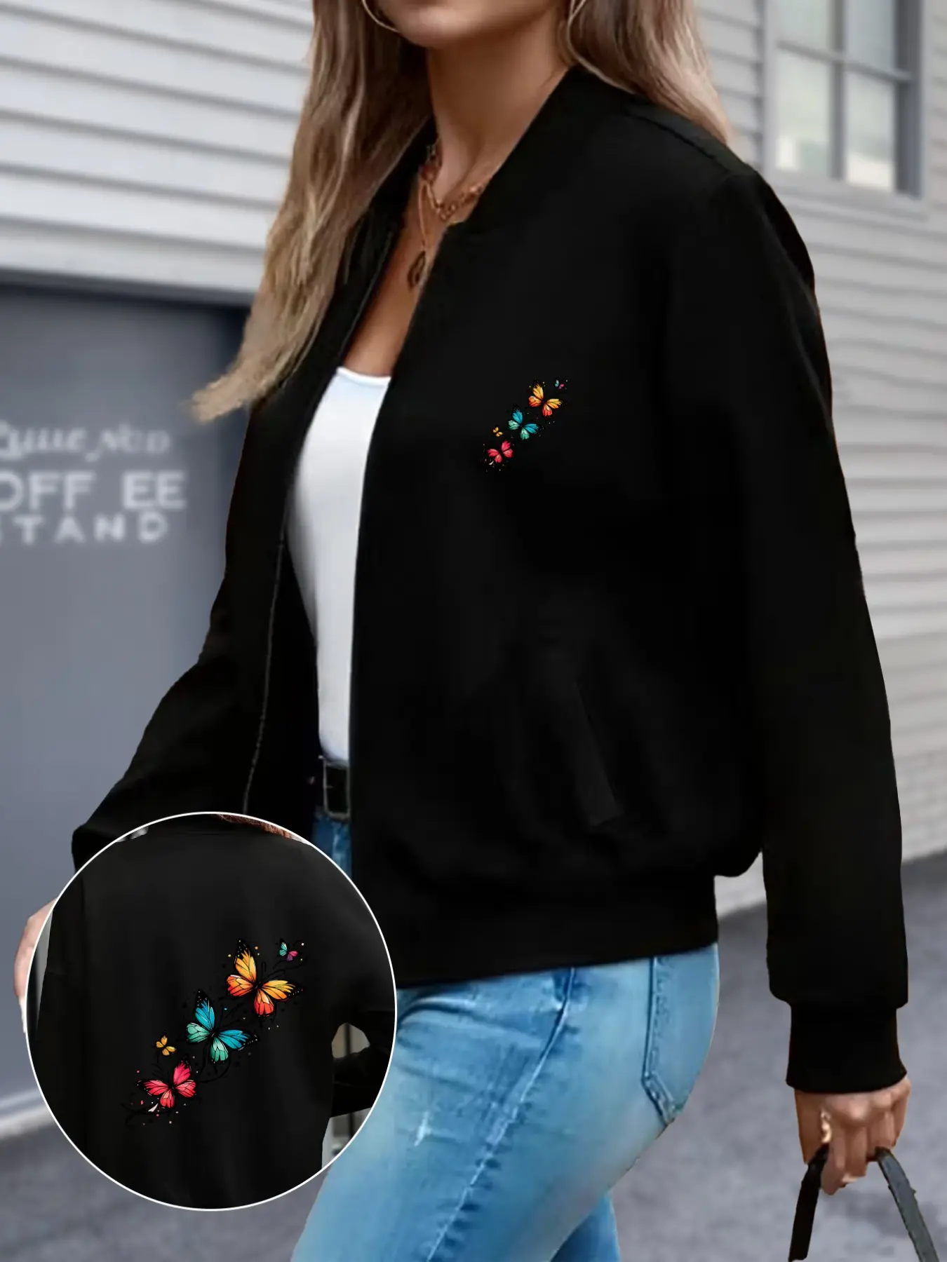 Y2K Style Women's Jacket, Floral Butterfly Print, Zipper Design, Casual Slim-Fit, Polyester Material, All-Season Fashion, Womenswear
