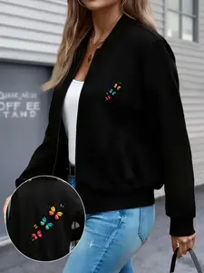 Y2K Style Women's Jacket, Floral Butterfly Print, Zipper Design, Casual Slim-Fit, Polyester Material, All-Season Fashion