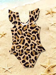 New Summer Vacation Gift Girl Fluffy Sleeve Triangle Suit One-Piece Swimsuit Leopard Print Fur Print Fashion Versatile Random Print Outdoor Sport Casual Summer Swimwear