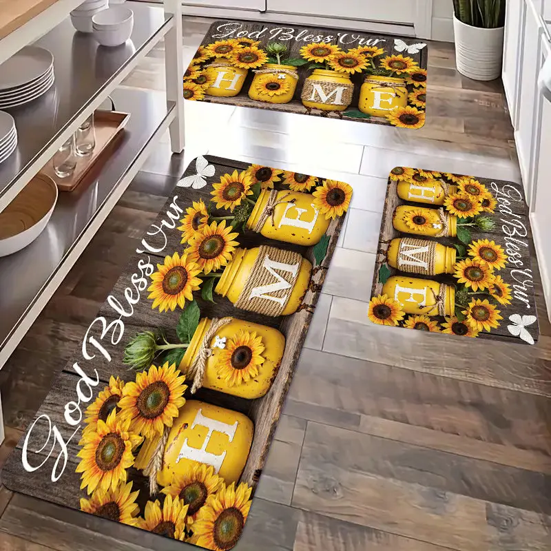 Modern Kitchen Carpet Mat with Sunflower Flower Pattern, Soft And Comfortable Lightweight Flannel Mat, Suitable for Home Decoration in Bedrooms, Living Rooms, Dining Areas, Bathrooms, Laundry Rooms, Doorways, Kitchens, And Festive Decorations