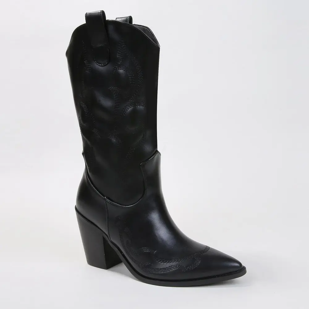 BERNESS Women's Western Embroidered Cowboy Boots, Black Faux Leather with a Pointed Toe, 3" Block Heel and Mid-Calf Shaft, Shoe
